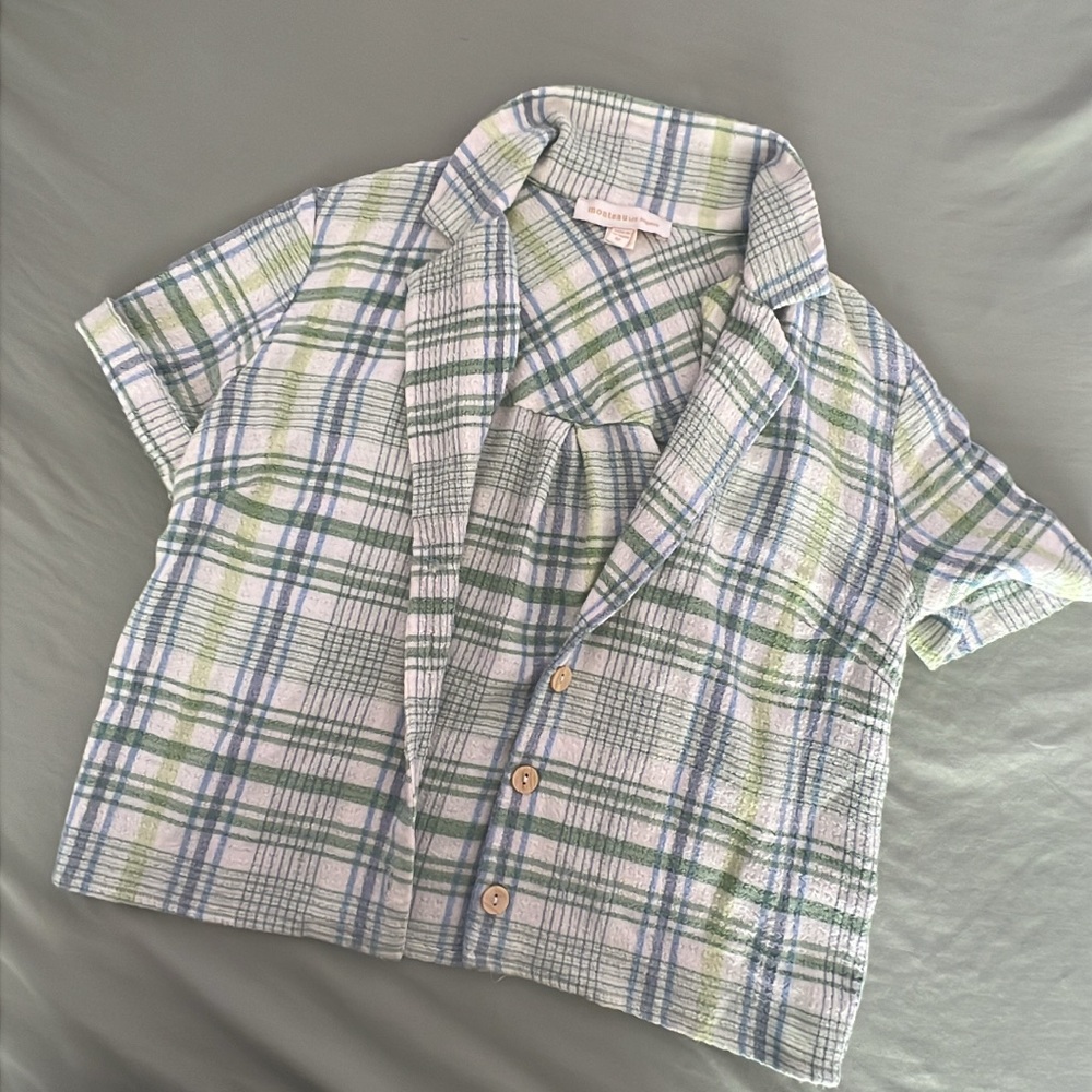 Monteau Green and Blue Button Down Shirt with Collar